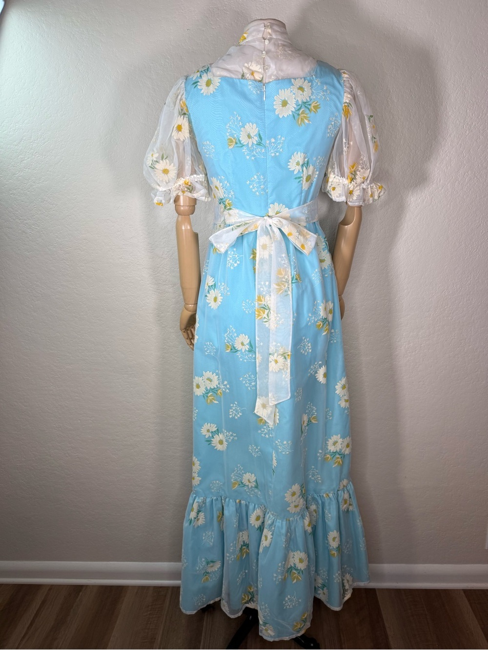 Vintage 60s Sky Blue Prairie Flocked Daisy Floral Ruffled Maxi Dress SMALL EUC - Picture 8 of 16